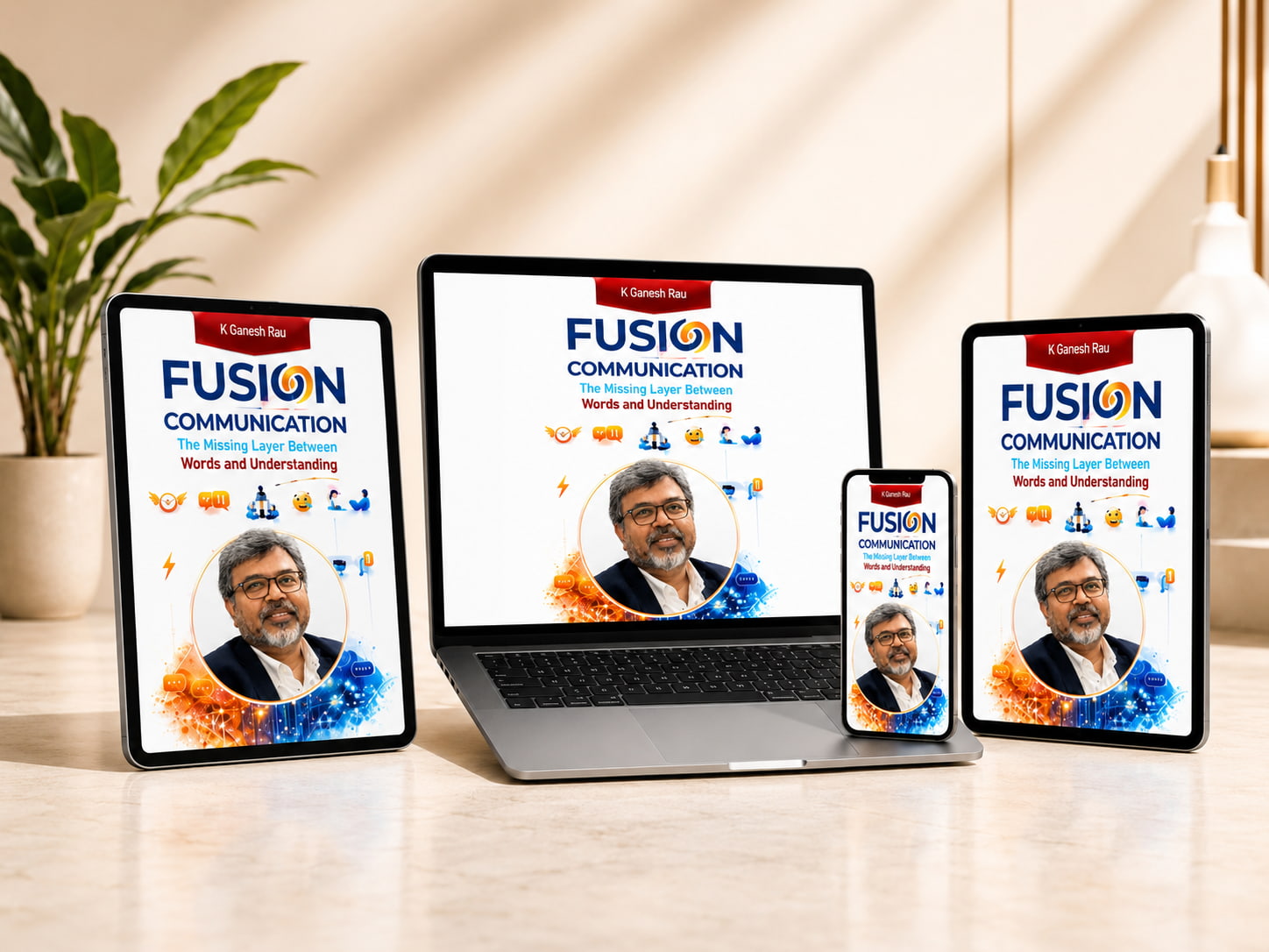 Fusion Communication digital e-book shown on laptop, tablet, and mobile screens